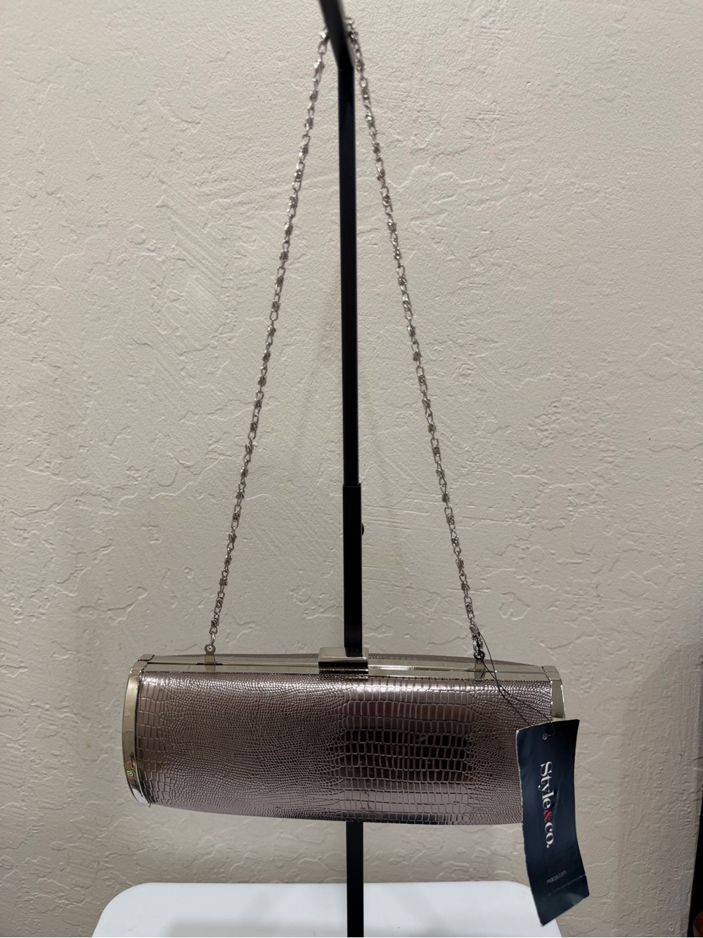 Metallic Taupe Croc-Embossed Chain Clutch